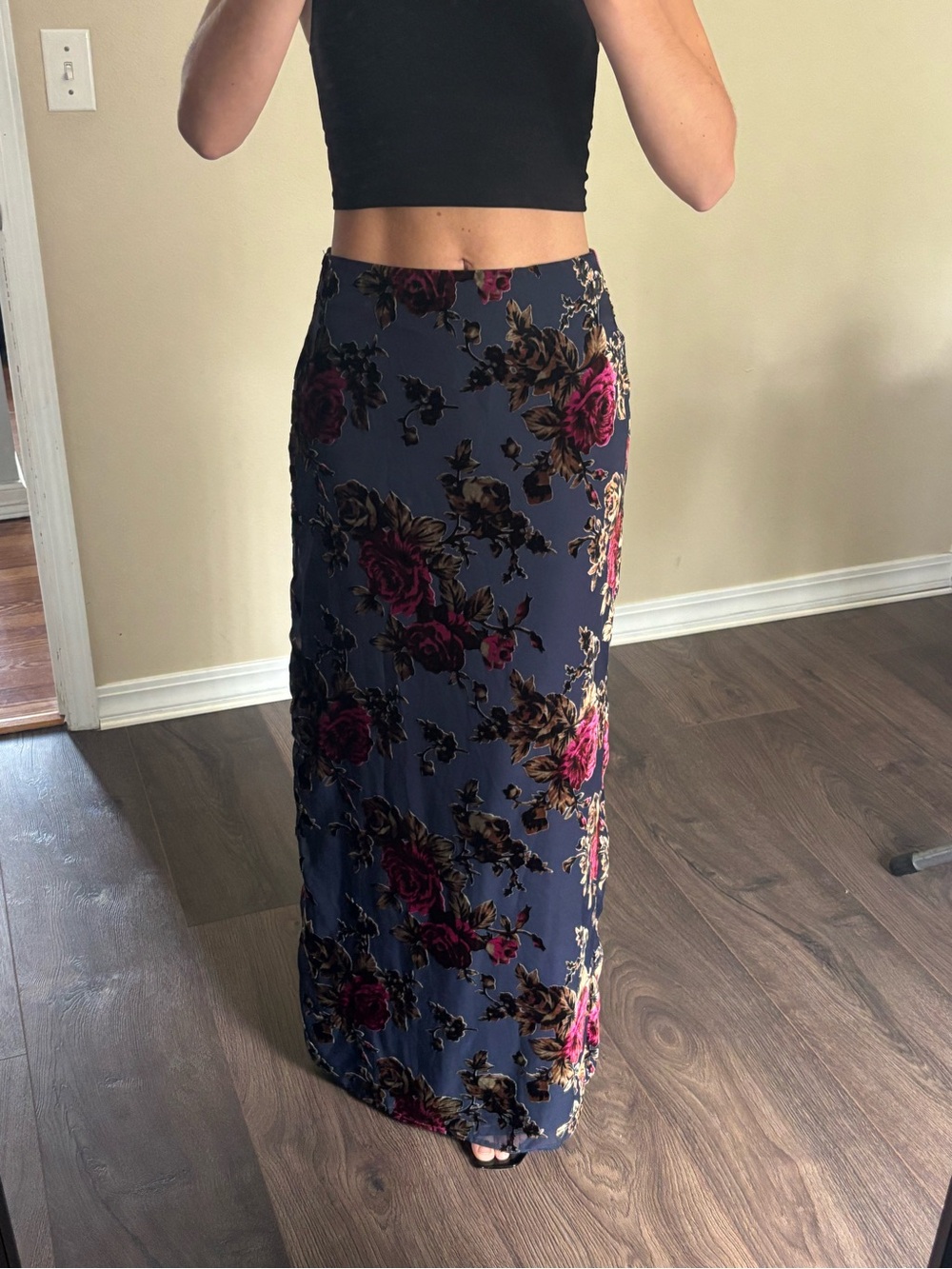Nasty Gal Navy Maxi Skirt with Pink Rose Print